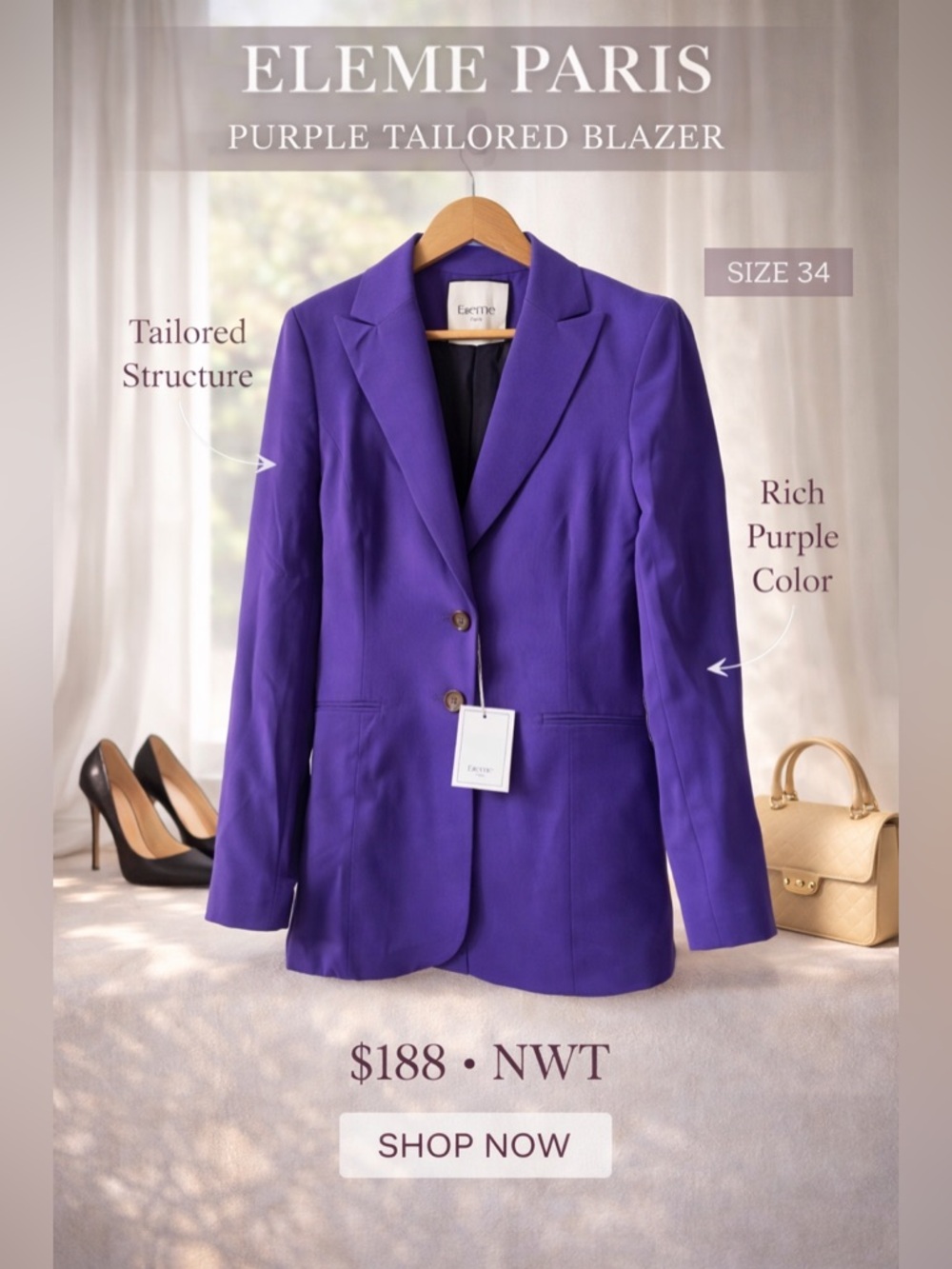 Eleme Paris Purple Blazer Jacket Size 34 NWT Tailored Structured